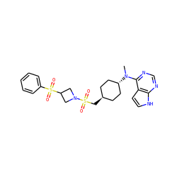 CN(c1ncnc2[nH]ccc12)[C@H]1CC[C@H](CS(=O)(=O)N2CC(S(=O)(=O)c3ccccc3)C2)CC1 ZINC000261151008