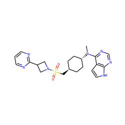 CN(c1ncnc2[nH]ccc12)[C@H]1CC[C@H](CS(=O)(=O)N2CC(c3ncccn3)C2)CC1 ZINC000261167399