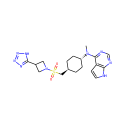 CN(c1ncnc2[nH]ccc12)[C@H]1CC[C@H](CS(=O)(=O)N2CC(c3nnn[nH]3)C2)CC1 ZINC000261181076