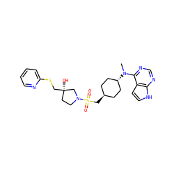 CN(c1ncnc2[nH]ccc12)[C@H]1CC[C@H](CS(=O)(=O)N2CC[C@@](O)(CSc3ccccn3)C2)CC1 ZINC000261139958