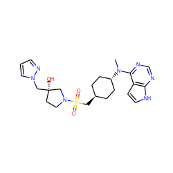 CN(c1ncnc2[nH]ccc12)[C@H]1CC[C@H](CS(=O)(=O)N2CC[C@@](O)(Cn3cccn3)C2)CC1 ZINC000261135323