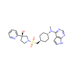 CN(c1ncnc2[nH]ccc12)[C@H]1CC[C@H](CS(=O)(=O)N2CC[C@](O)(c3ccccn3)C2)CC1 ZINC000261119702