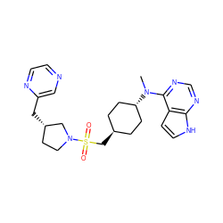 CN(c1ncnc2[nH]ccc12)[C@H]1CC[C@H](CS(=O)(=O)N2CC[C@H](Cc3cnccn3)C2)CC1 ZINC000261140465