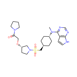 CN(c1ncnc2[nH]ccc12)[C@H]1CC[C@H](CS(=O)(=O)N2CC[C@H](OCC(=O)N3CCCC3)C2)CC1 ZINC000261169721