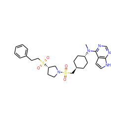 CN(c1ncnc2[nH]ccc12)[C@H]1CC[C@H](CS(=O)(=O)N2CC[C@H](S(=O)(=O)CCc3ccccc3)C2)CC1 ZINC000261071728