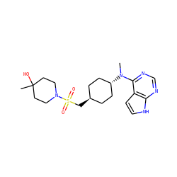 CN(c1ncnc2[nH]ccc12)[C@H]1CC[C@H](CS(=O)(=O)N2CCC(C)(O)CC2)CC1 ZINC000261096606