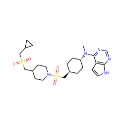 CN(c1ncnc2[nH]ccc12)[C@H]1CC[C@H](CS(=O)(=O)N2CCC(CS(=O)(=O)CC3CC3)CC2)CC1 ZINC000261086113