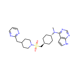 CN(c1ncnc2[nH]ccc12)[C@H]1CC[C@H](CS(=O)(=O)N2CCC(Cc3ncccn3)CC2)CC1 ZINC000261167941