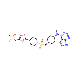 CN(c1ncnc2[nH]ccc12)[C@H]1CC[C@H](CS(=O)(=O)N2CCC(c3nc(CS(C)(=O)=O)no3)CC2)CC1 ZINC000261143892