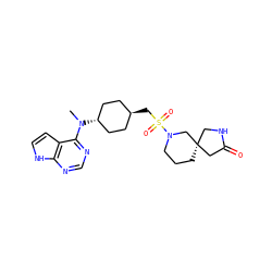 CN(c1ncnc2[nH]ccc12)[C@H]1CC[C@H](CS(=O)(=O)N2CCC[C@@]3(CNC(=O)C3)C2)CC1 ZINC000261189547