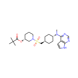 CN(c1ncnc2[nH]ccc12)[C@H]1CC[C@H](CS(=O)(=O)N2CCC[C@@H](OC(=O)C(C)(C)C)C2)CC1 ZINC000261169784