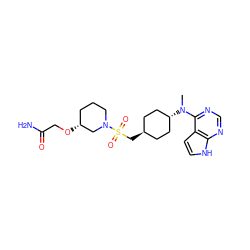 CN(c1ncnc2[nH]ccc12)[C@H]1CC[C@H](CS(=O)(=O)N2CCC[C@@H](OCC(N)=O)C2)CC1 ZINC000261141085