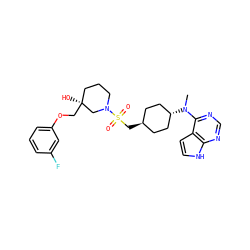 CN(c1ncnc2[nH]ccc12)[C@H]1CC[C@H](CS(=O)(=O)N2CCC[C@](O)(COc3cccc(F)c3)C2)CC1 ZINC000261173027