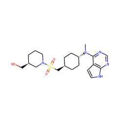 CN(c1ncnc2[nH]ccc12)[C@H]1CC[C@H](CS(=O)(=O)N2CCC[C@H](CO)C2)CC1 ZINC000261121979