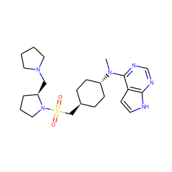 CN(c1ncnc2[nH]ccc12)[C@H]1CC[C@H](CS(=O)(=O)N2CCC[C@H]2CN2CCCC2)CC1 ZINC000261167400