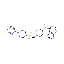 CN(c1ncnc2[nH]ccc12)[C@H]1CC[C@H](CS(=O)(=O)N2CCN(c3ccccn3)CC2)CC1 ZINC000261153471