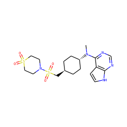 CN(c1ncnc2[nH]ccc12)[C@H]1CC[C@H](CS(=O)(=O)N2CCS(=O)(=O)CC2)CC1 ZINC000261154212