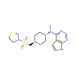 CN(c1ncnc2[nH]ccc12)[C@H]1CC[C@H](CS(=O)(=O)N2CCSC2)CC1 ZINC000261096574