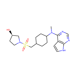 CN(c1ncnc2[nH]ccc12)C1CCC(CS(=O)(=O)N2CC[C@@H](O)C2)CC1 ZINC000141957257