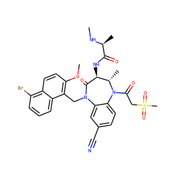 CN[C@@H](C)C(=O)N[C@@H]1C(=O)N(Cc2c(OC)ccc3c(Br)cccc23)c2cc(C#N)ccc2N(C(=O)CS(C)(=O)=O)[C@H]1C ZINC000210467083