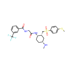 CN[C@@H]1CC[C@H](NC(=O)CNC(=O)c2cccc(C(F)(F)F)c2)[C@H](CS(=O)(=O)c2ccc(SC)cc2)C1 ZINC000049881933