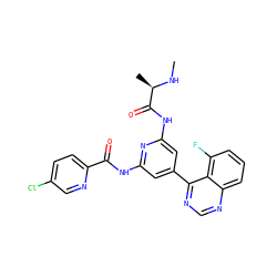 CN[C@H](C)C(=O)Nc1cc(-c2ncnc3cccc(F)c23)cc(NC(=O)c2ccc(Cl)cn2)n1 ZINC001772613985