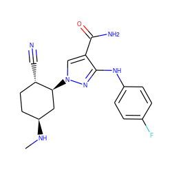 CN[C@H]1CC[C@H](C#N)[C@@H](n2cc(C(N)=O)c(Nc3ccc(F)cc3)n2)C1 ZINC000221849798