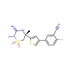 CN1C(=N)N[C@](C)(c2cc(-c3ccc(F)c(C#N)c3)cs2)CS1(=O)=O ZINC000144604484