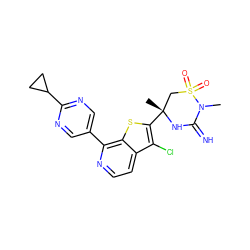 CN1C(=N)N[C@](C)(c2sc3c(-c4cnc(C5CC5)nc4)nccc3c2Cl)CS1(=O)=O ZINC001772636645