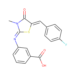 CN1C(=O)/C(=C/c2ccc(F)cc2)S/C1=N\c1cccc(C(=O)O)c1 ZINC000008377475