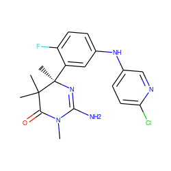 CN1C(=O)C(C)(C)[C@@](C)(c2cc(Nc3ccc(Cl)nc3)ccc2F)N=C1N ZINC000114111814