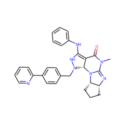 CN1C(=O)C2=C(Nc3ccccc3)NN(Cc3ccc(-c4ccccn4)cc3)[C@H]2N2C1=N[C@@H]1CCC[C@@H]12 ZINC000653708013