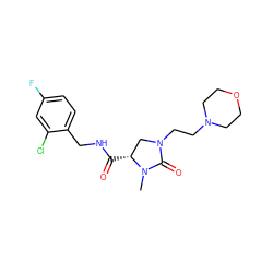 CN1C(=O)N(CCN2CCOCC2)C[C@H]1C(=O)NCc1ccc(F)cc1Cl ZINC000095565585