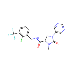 CN1C(=O)N(c2cncnc2)C[C@H]1C(=O)NCc1cccc(C(F)(F)F)c1Cl ZINC000095565210