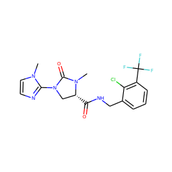 CN1C(=O)N(c2nccn2C)C[C@H]1C(=O)NCc1cccc(C(F)(F)F)c1Cl ZINC000064539340