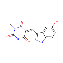 CN1C(=O)NC(=O)/C(=C\c2c[nH]c3ccc(O)cc23)C1=O ZINC000009341556