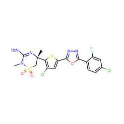 CN1C(N)=N[C@](C)(c2sc(-c3nnc(-c4ccc(Cl)cc4F)o3)cc2Cl)CS1(=O)=O ZINC000209043748