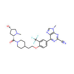 CN1C[C@@H](O)C[C@H]1C(=O)N1CCC(CCOc2ccc(-c3nc(C#N)nc4c3ncn4C)cc2C(F)(F)F)CC1 ZINC001772644042