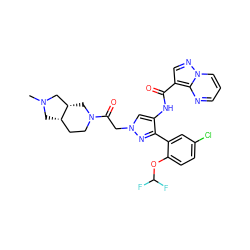 CN1C[C@H]2CCN(C(=O)Cn3cc(NC(=O)c4cnn5cccnc45)c(-c4cc(Cl)ccc4OC(F)F)n3)C[C@H]2C1 ZINC001772619977