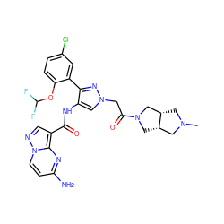 CN1C[C@H]2CN(C(=O)Cn3cc(NC(=O)c4cnn5ccc(N)nc45)c(-c4cc(Cl)ccc4OC(F)F)n3)C[C@H]2C1 ZINC001772600520