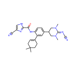 CN1CC(c2ccc(NC(=O)c3nc(C#N)c[nH]3)c(C3=CCC(C)(C)CC3)c2)CN(C)C1=NC#N ZINC000053242592