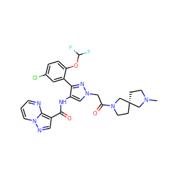 CN1CC[C@@]2(CCN(C(=O)Cn3cc(NC(=O)c4cnn5cccnc45)c(-c4cc(Cl)ccc4OC(F)F)n3)C2)C1 ZINC001772571372