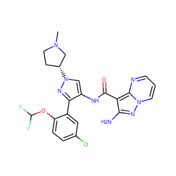 CN1CC[C@@H](n2cc(NC(=O)c3c(N)nn4cccnc34)c(-c3cc(Cl)ccc3OC(F)F)n2)C1 ZINC001772599774