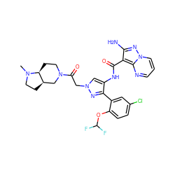 CN1CC[C@@H]2CN(C(=O)Cn3cc(NC(=O)c4c(N)nn5cccnc45)c(-c4cc(Cl)ccc4OC(F)F)n3)CC[C@@H]21 ZINC001772577341