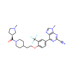 CN1CC[C@H](C(=O)N2CCC(CCOc3ccc(-c4nc(C#N)nc5c4ncn5C)cc3C(F)(F)F)CC2)C1 ZINC001772598415