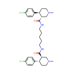 CN1CC[C@H](c2ccc(Cl)cc2)[C@@H](C(=O)NCCCCCNC(=O)[C@H]2CN(C)CC[C@@H]2c2ccc(Cl)cc2)C1 ZINC000029395121