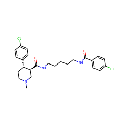 CN1CC[C@H](c2ccc(Cl)cc2)[C@@H](C(=O)NCCCCCNC(=O)c2ccc(Cl)cc2)C1 ZINC000013862756