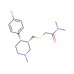 CN1CC[C@H](c2ccc(Cl)cc2)[C@H](CSCC(=O)N(C)C)C1 ZINC000013677521