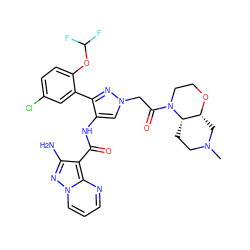 CN1CC[C@H]2[C@@H](C1)OCCN2C(=O)Cn1cc(NC(=O)c2c(N)nn3cccnc23)c(-c2cc(Cl)ccc2OC(F)F)n1 ZINC001772636220