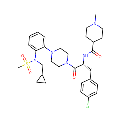 CN1CCC(C(=O)N[C@H](Cc2ccc(Cl)cc2)C(=O)N2CCN(c3ccccc3N(CC3CC3)S(C)(=O)=O)CC2)CC1 ZINC000095607663